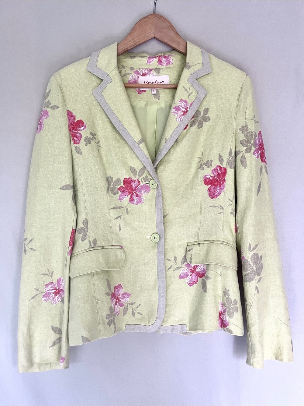 Jackpot 100% Linen Floral Blazer Light Green Pink Piped Tailored Jacket